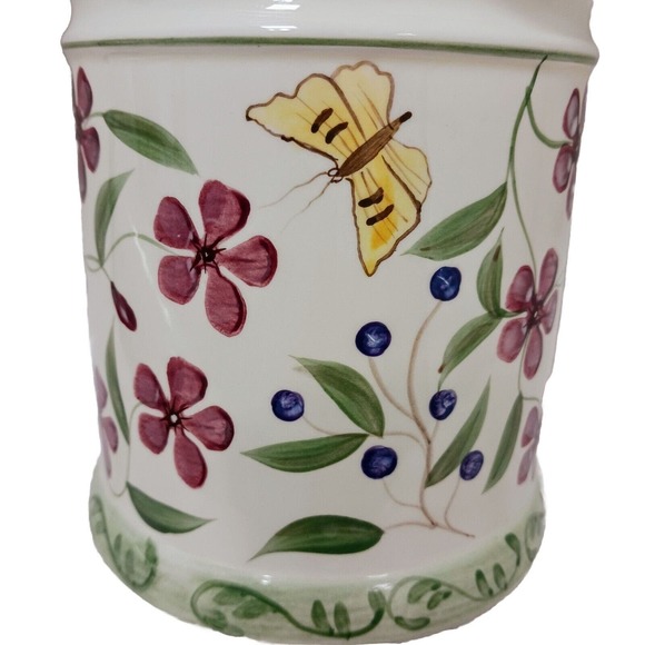 Vntg Hand Painted Ceramic Canister w Lid Butterfly Berries Flowers WHITE GREEN - Picture 3 of 16